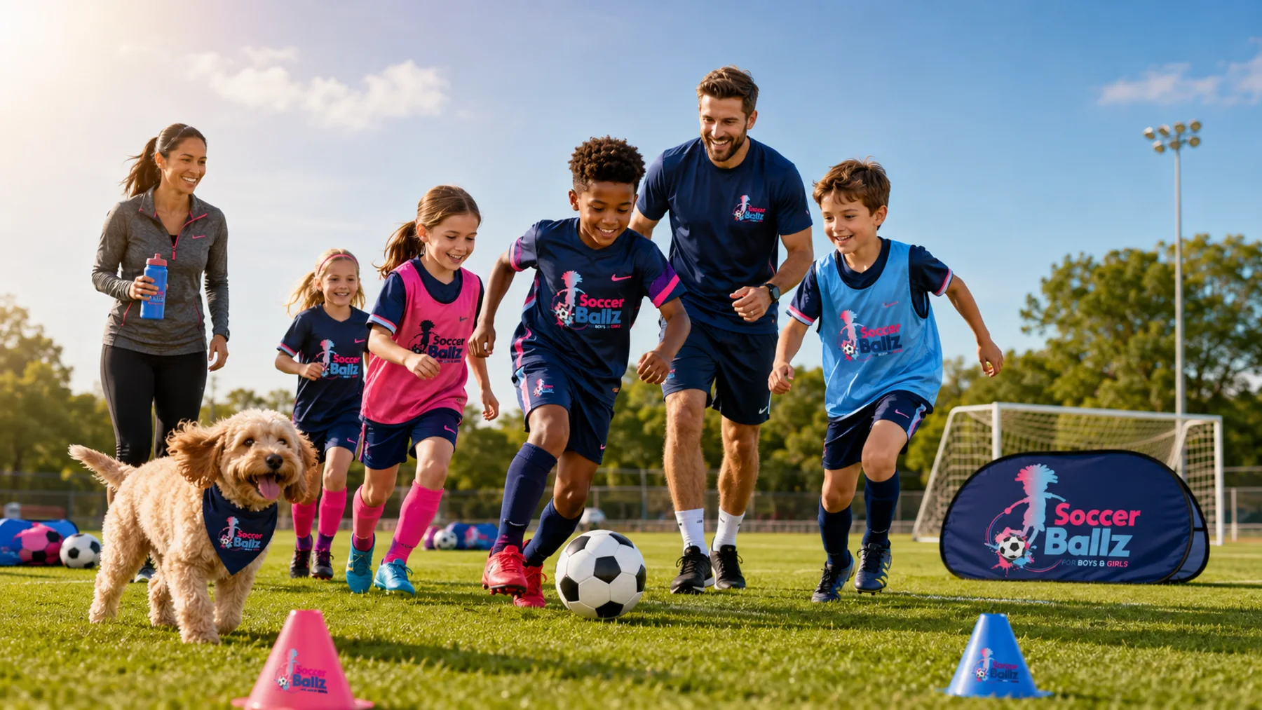 Children, a coach and a happy dog enjoying a branded Soccer Ballz session
