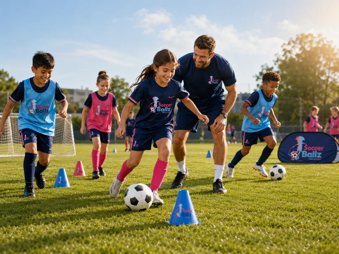 A coach guiding young Soccer Ballz players